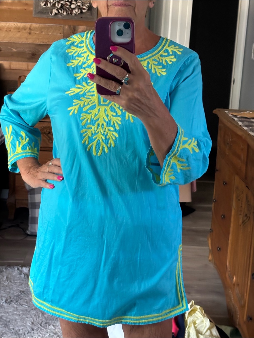 Turquoise Tunic with Lime Green Embroidery